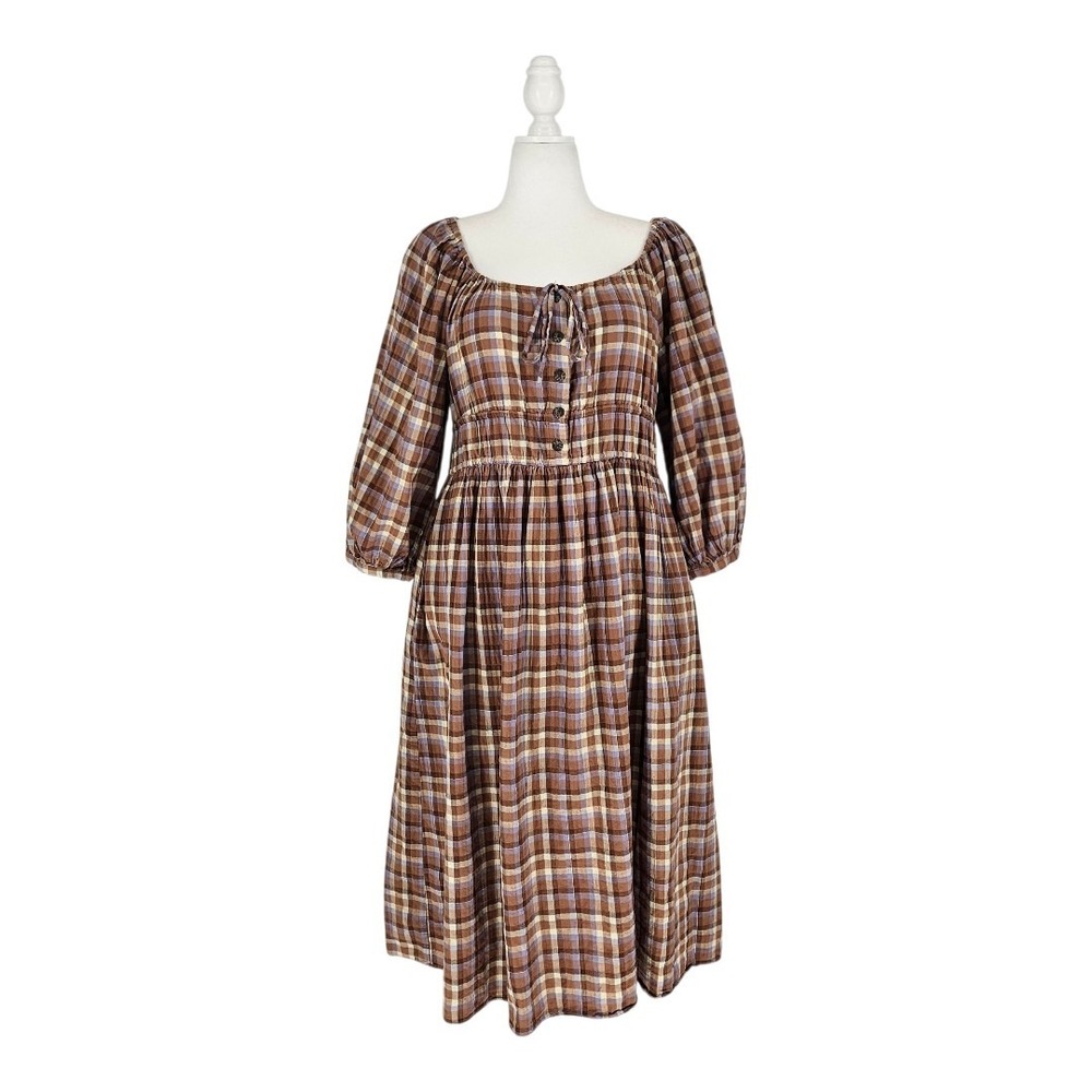 Madewell Brown Plaid Smocked Waist Midi Dress Puff Sleeve Cotton Blend Medium - Picture 2 of 11